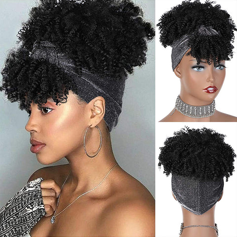 Qp hairMonixi Synthetic Kinky Curly Chignon with Bangs Short Drawstring Ponytail for Women Afro Bun Hair Clip on Front Hairpieces