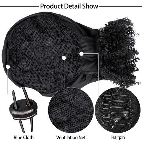 Qp hairMonixi Synthetic Kinky Curly Chignon with Bangs Short Drawstring Ponytail for Women Afro Bun Hair Clip on Front Hairpieces