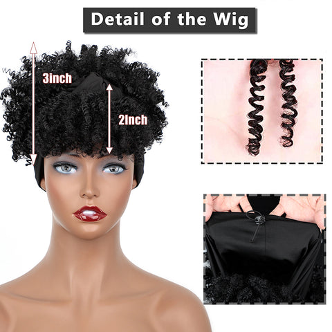 Qp hairMonixi Synthetic Kinky Curly Chignon with Bangs Short Drawstring Ponytail for Women Afro Bun Hair Clip on Front Hairpieces