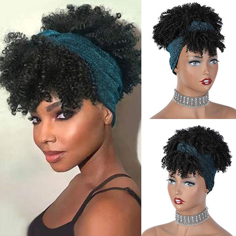 Qp hairMonixi Synthetic Kinky Curly Chignon with Bangs Short Drawstring Ponytail for Women Afro Bun Hair Clip on Front Hairpieces