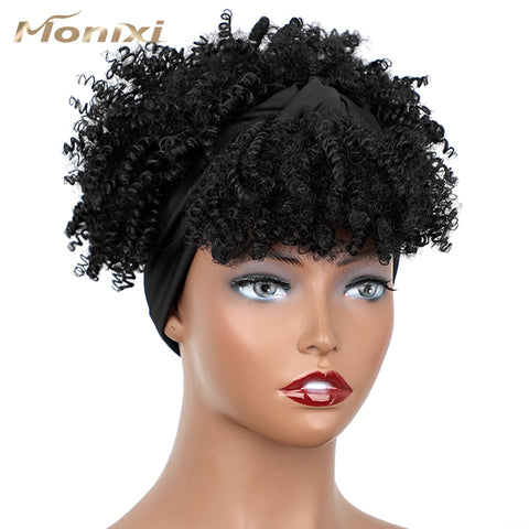 Qp hairMonixi Synthetic Kinky Curly Chignon with Bangs Short Drawstring Ponytail for Women Afro Bun Hair Clip on Front Hairpieces