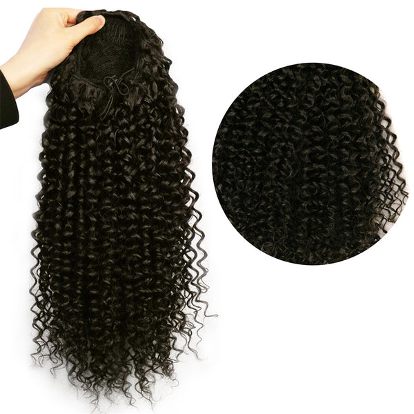 Qp hairOmbre Synthetic Drawstring Puff Ponytail Afro Wavy 16 Inch Clip In Ponytail Hair Extension Black Grey