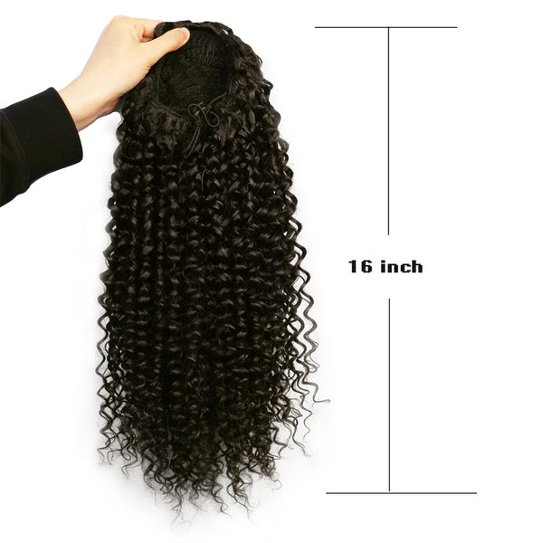 Qp hairOmbre Synthetic Drawstring Puff Ponytail Afro Wavy 16 Inch Clip In Ponytail Hair Extension Black Grey