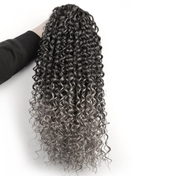 Qp hairOmbre Synthetic Drawstring Puff Ponytail Afro Wavy 16 Inch Clip In Ponytail Hair Extension Black Grey