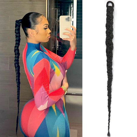 Qp hairPonytail Extensions 32 Inch Synthetic Boxing Braids Chignon Tail With Rubber Band Hair Ring Black Braid