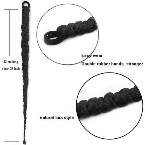 Qp hairPonytail Extensions 32 Inch Synthetic Boxing Braids Chignon Tail With Rubber Band Hair Ring Black Braid
