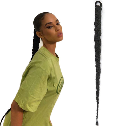 Qp hairPonytail Extensions 32 Inch Synthetic Boxing Braids Chignon Tail With Rubber Band Hair Ring Black Braid
