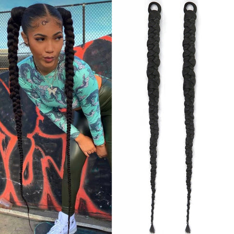 Qp hairPonytail Extensions 32 Inch Synthetic Boxing Braids Chignon Tail With Rubber Band Hair Ring Black Braid