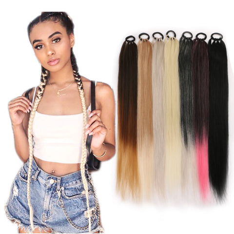 Qp hairPonytail Extensions Synthetic Boxing Braids 26 Inch Brown Wrap Around Chignon Tail With Rubber Band Hair Ring Ombre Braid Grey