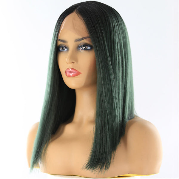 Short Bob Lace Front Synthetic Hair Wigs Ombre Black Blonde Red Color Qp Yaki Straight Middle Part Blunt Lace Wig For Women