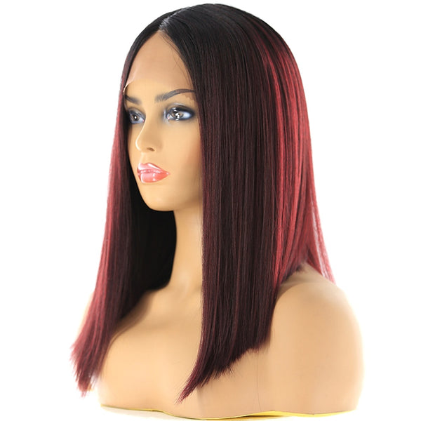 Short Bob Lace Front Synthetic Hair Wigs Ombre Black Blonde Red Color Qp Yaki Straight Middle Part Blunt Lace Wig For Women
