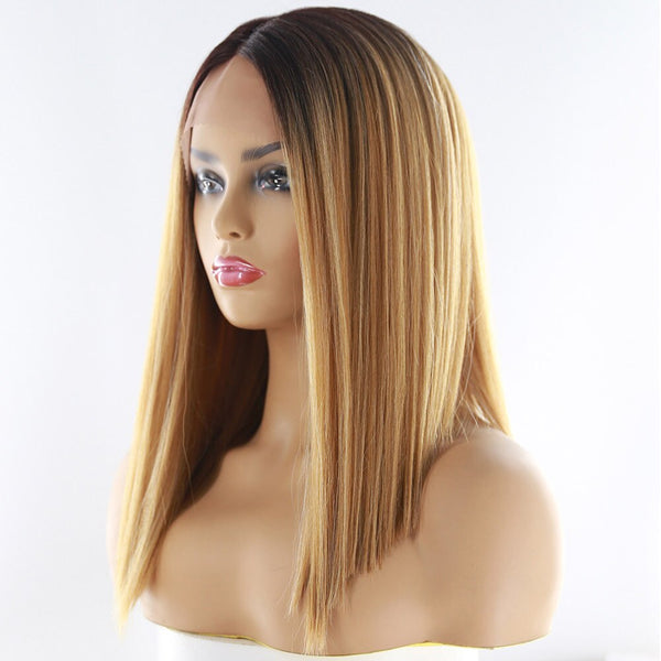 Short Bob Lace Front Synthetic Hair Wigs Ombre Black Blonde Red Color Qp Yaki Straight Middle Part Blunt Lace Wig For Women