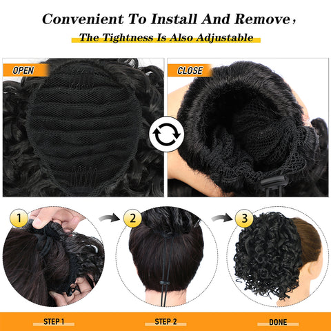 Qp hairSynthetic  Afro Kinky Curly Synthetic Ponytails Extensions Black Drawstring Puff Ponytail Wig for Black Women Daily Use Wig