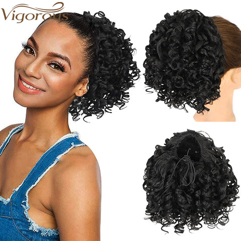 Qp hairSynthetic  Afro Kinky Curly Synthetic Ponytails Extensions Black Drawstring Puff Ponytail Wig for Black Women Daily Use Wig