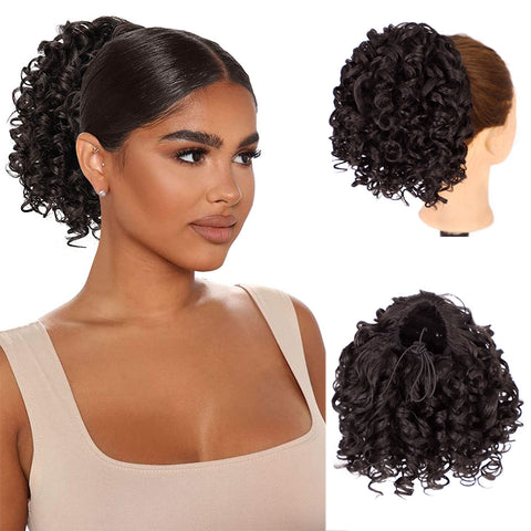 Qp hairSynthetic  Afro Kinky Curly Synthetic Ponytails Extensions Black Drawstring Puff Ponytail Wig for Black Women Daily Use Wig