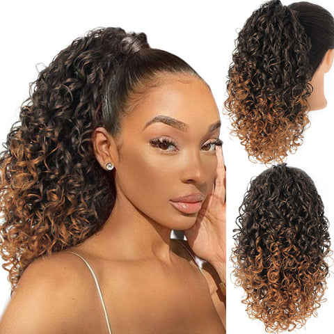 Qp hairSynthetic  Afro Kinky Curly Synthetic Ponytails Extensions Black Drawstring Puff Ponytail Wig for Black Women Daily Use Wig