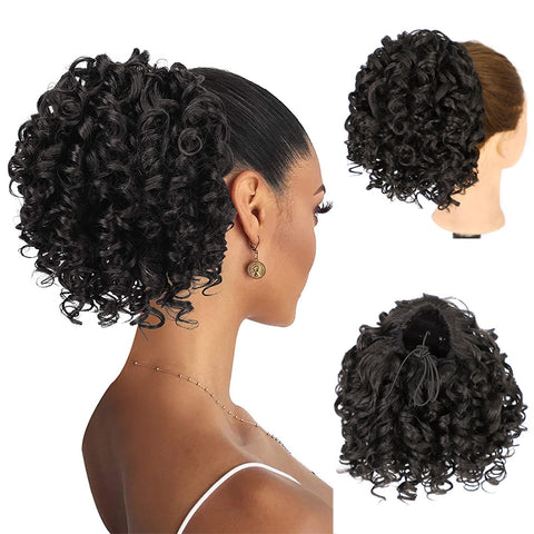 Qp hairSynthetic  Afro Kinky Curly Synthetic Ponytails Extensions Black Drawstring Puff Ponytail Wig for Black Women Daily Use Wig