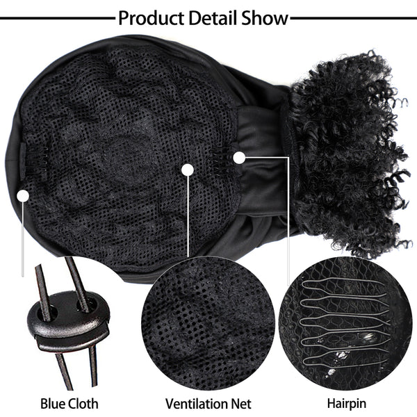 Qp hairSynthetic Black Curly Synthetic Headband Wig for Women Short Black Wigs with Bangs Afro Puff Wigs Head Wrap Wig Daily or Party
