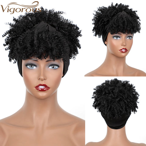 Qp hairSynthetic Black Curly Synthetic Headband Wig for Women Short Black Wigs with Bangs Afro Puff Wigs Head Wrap Wig Daily or Party
