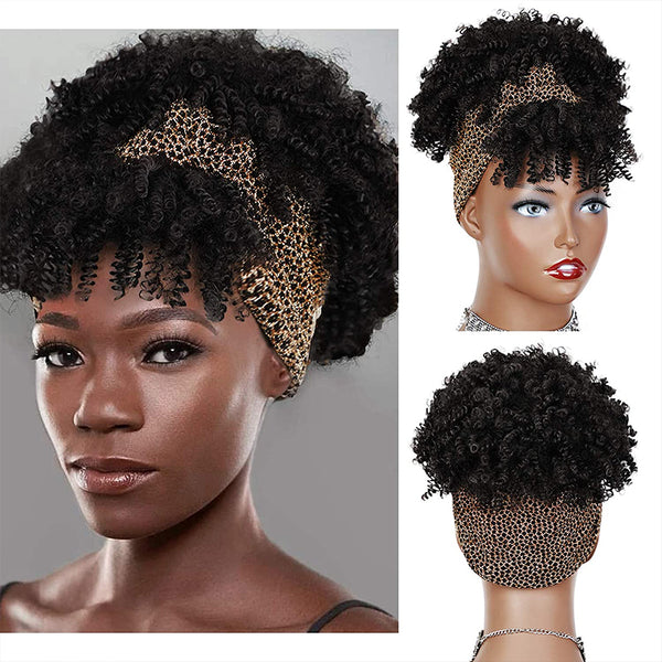Qp hairSynthetic Black Curly Synthetic Headband Wig for Women Short Black Wigs with Bangs Afro Puff Wigs Head Wrap Wig Daily or Party