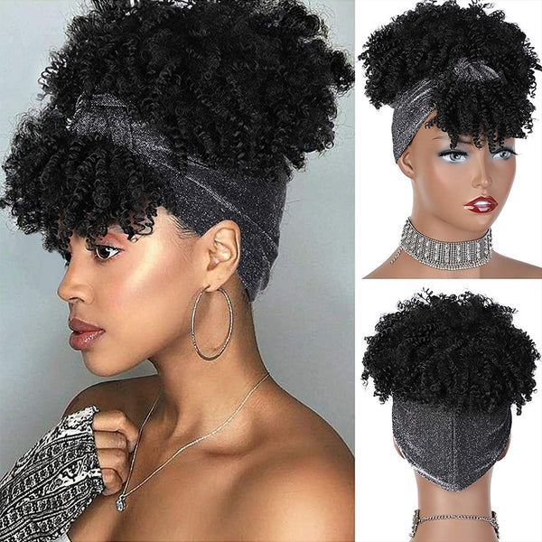 Qp hairSynthetic Black Curly Synthetic Headband Wig for Women Short Black Wigs with Bangs Afro Puff Wigs Head Wrap Wig Daily or Party