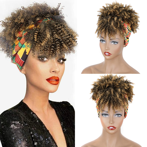 Qp hairSynthetic Black Curly Synthetic Headband Wig for Women Short Black Wigs with Bangs Afro Puff Wigs Head Wrap Wig Daily or Party