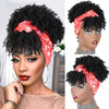 Qp hairSynthetic Black Curly Synthetic Headband Wig for Women Short Black Wigs with Bangs Afro Puff Wigs Head Wrap Wig Daily or Party