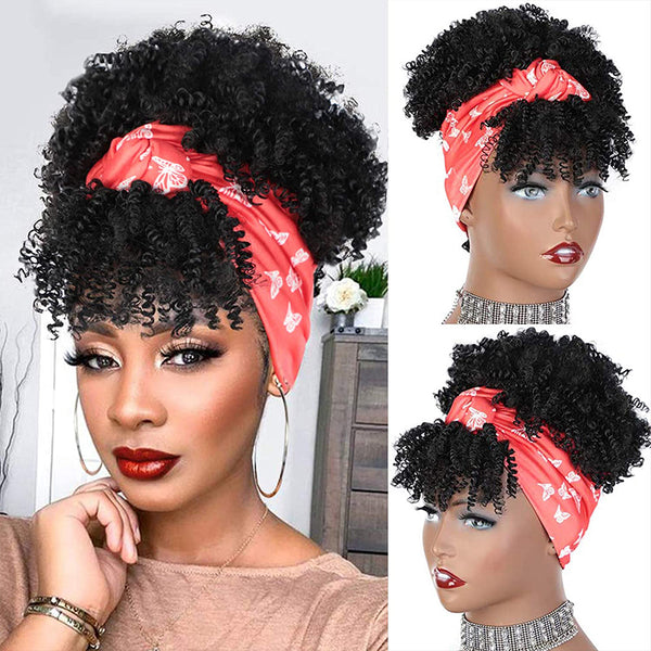 Qp hairSynthetic Black Curly Synthetic Headband Wig for Women Short Black Wigs with Bangs Afro Puff Wigs Head Wrap Wig Daily or Party