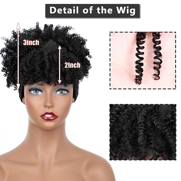 Qp hairSynthetic Black Curly Synthetic Headband Wig for Women Short Black Wigs with Bangs Afro Puff Wigs Head Wrap Wig Daily or Party
