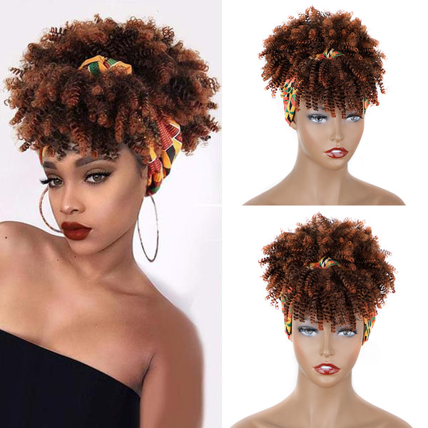 Qp hairSynthetic Black Curly Synthetic Headband Wig for Women Short Black Wigs with Bangs Afro Puff Wigs Head Wrap Wig Daily or Party