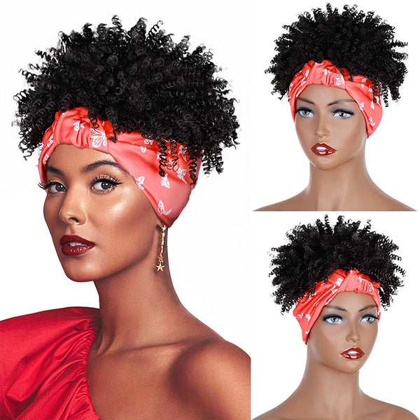 Qp hairSynthetic Black Curly Synthetic Headband Wig for Women Short Black Wigs with Bangs Afro Puff Wigs Head Wrap Wig Daily or Party