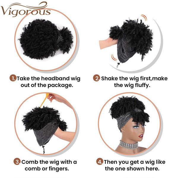 Qp hairSynthetic Black Curly Synthetic Headband Wig for Women Short Black Wigs with Bangs Afro Puff Wigs Head Wrap Wig Daily or Party