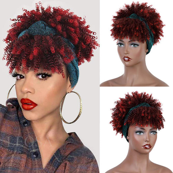 Qp hairSynthetic Black Curly Synthetic Headband Wig for Women Short Black Wigs with Bangs Afro Puff Wigs Head Wrap Wig Daily or Party