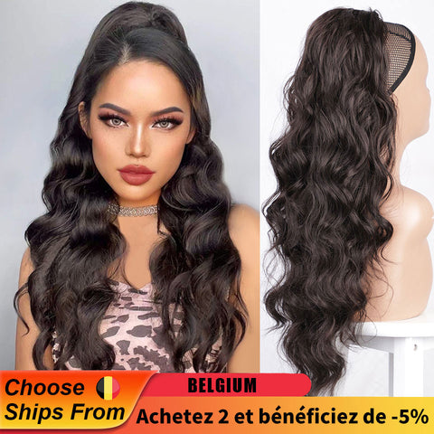 Qp hairSynthetic Body Wavy Ponytail Hair Extension Clip for Women Synthetic Black Brown Drawstring Ponytail  Afro Pony Tail Fake Hair