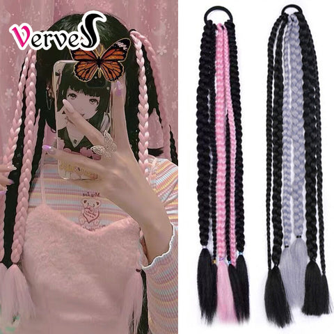 Qp hairSynthetic Chignon Tail With Rubber Band Hair Ring Crochet Braid Hair Ponytail Extensions 24 inch Blue Grey Pink