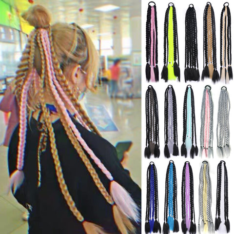 Qp hairSynthetic Chignon Tail With Rubber Band Ring Braid Hair Ponytail Extensions 22'' Mix Color Blue Grey Pink Rainbow