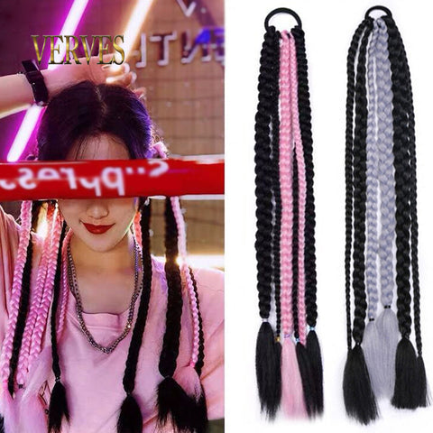 Qp hairSynthetic Chignon Tail With Rubber Band Ring Braid Hair Ponytail Extensions 22'' Mix Color Blue Grey Pink Rainbow