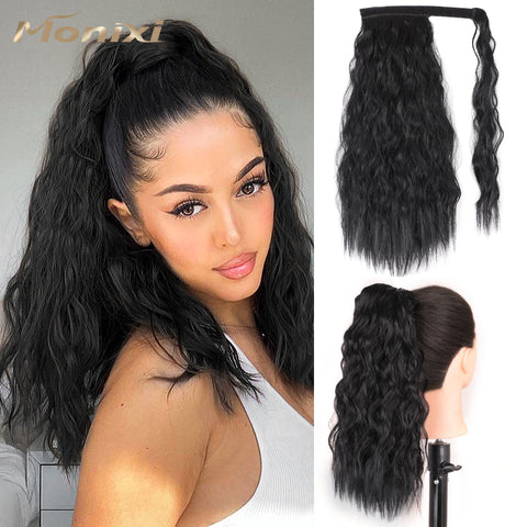 Qp hairSynthetic Corn Wavy Long Ponytail Synthetic Hairpiece Wrap on Clip Hair Extensions Ombre Brown Pony Tail Blonde Fack Hair