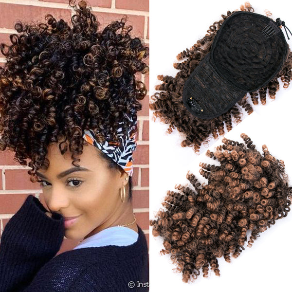 Qp hairSynthetic High Puff Afro Kinky Curly Ponytail With Bangs Ponytail Hair Extension Drawstring Short Afro Pony Tail Clip in