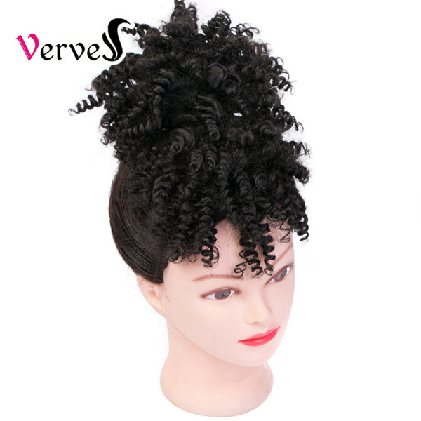 Qp hairSynthetic High Puff Afro Kinky Curly Ponytail With Bangs Ponytail Hair Extension Drawstring Short Afro Pony Tail Clip in