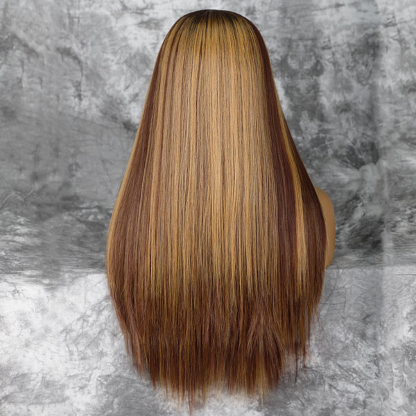 Qp hairSynthetic Long Straight Synthetic T-Part Lace Wig Brown Mixed Blonde Wigs for Women Middle Part Natural Looking Glueless Hair