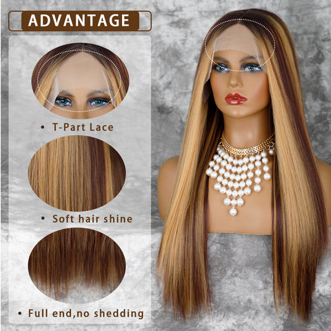 Qp hairSynthetic Long Straight Synthetic T-Part Lace Wig Brown Mixed Blonde Wigs for Women Middle Part Natural Looking Glueless Hair