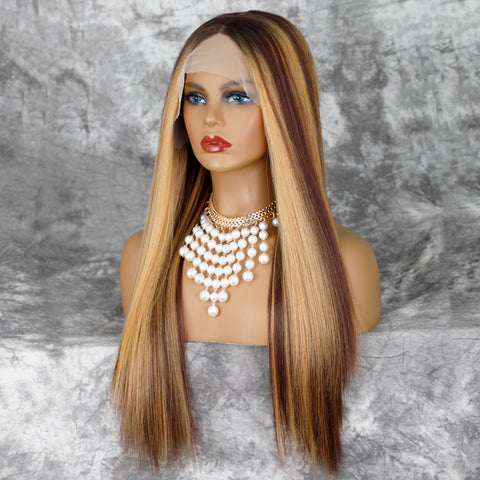 Qp hairSynthetic Long Straight Synthetic T-Part Lace Wig Brown Mixed Blonde Wigs for Women Middle Part Natural Looking Glueless Hair