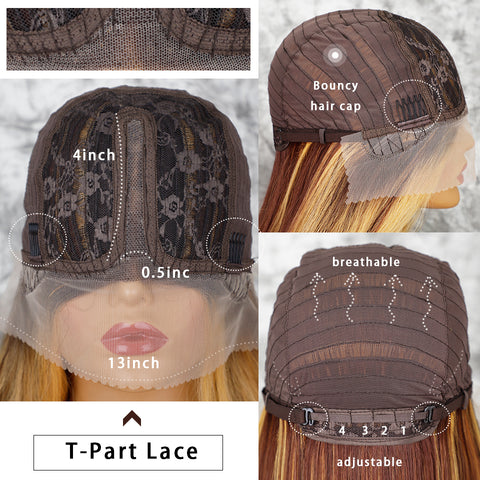 Qp hairSynthetic Long Straight Synthetic T-Part Lace Wig Brown Mixed Blonde Wigs for Women Middle Part Natural Looking Glueless Hair