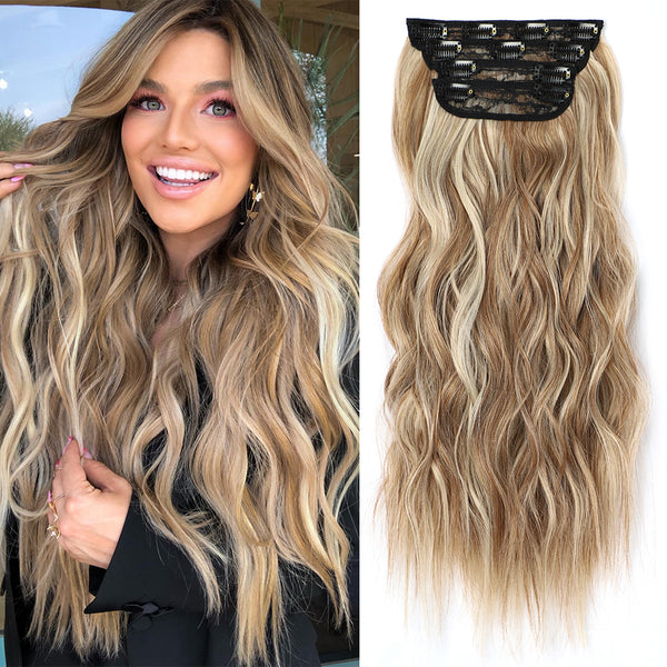 Qp hairSynthetic Long Wavy Clip in Hair Extensions Orange Hair Extension for Women Ombre Blonde Hairpieces Heat Resistant Fiber Hair