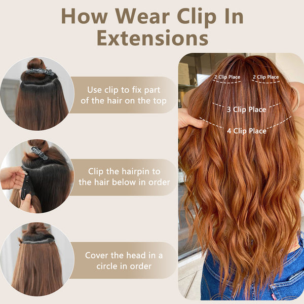 Qp hairSynthetic Long Wavy Clip in Hair Extensions Orange Hair Extension for Women Ombre Blonde Hairpieces Heat Resistant Fiber Hair