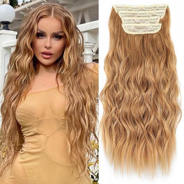 Qp hairSynthetic Long Wavy Clip in Hair Extensions Orange Hair Extension for Women Ombre Blonde Hairpieces Heat Resistant Fiber Hair