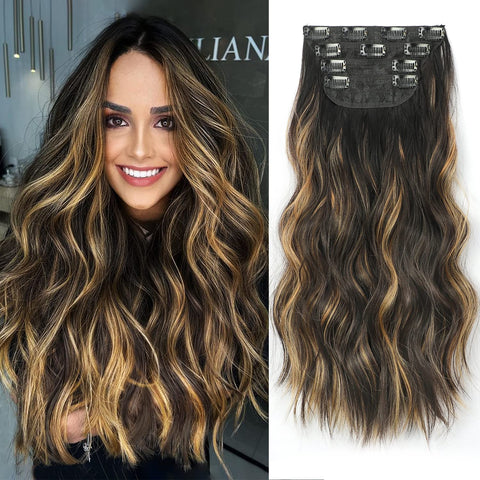 Qp hairSynthetic Long Wavy Synthetic Hair Extensions 4pcs/set Clip In Hair Extensions Dark Brown Ombre Honey Blonde Thick Hairpieces