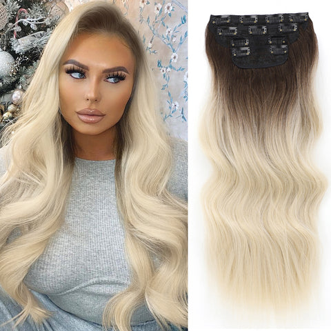 Qp hairSynthetic Long Wavy Synthetic Hair Extensions 4pcs/set Clip In Hair Extensions Dark Brown Ombre Honey Blonde Thick Hairpieces