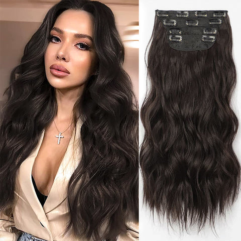 Qp hairSynthetic Long Wavy Synthetic Hair Extensions 4pcs/set Clip In Hair Extensions Dark Brown Ombre Honey Blonde Thick Hairpieces